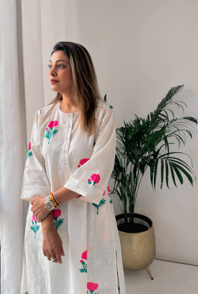 Meghna Nayyar in White and Pink Hand Block Print Kalidaar Tara Olivia Kurta Set