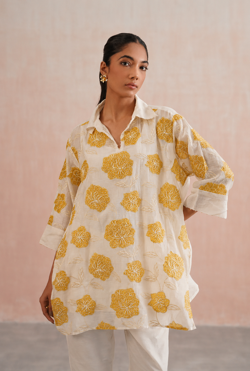 Yellow Applique And Pearl Embroidered Oversized Prisha Co-ord Set
