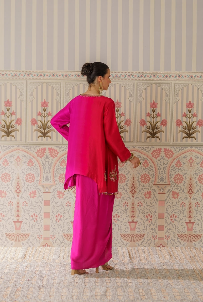 Pink &amp; Red Ombre Motif Hand Embroidery Mallika Kurta Set