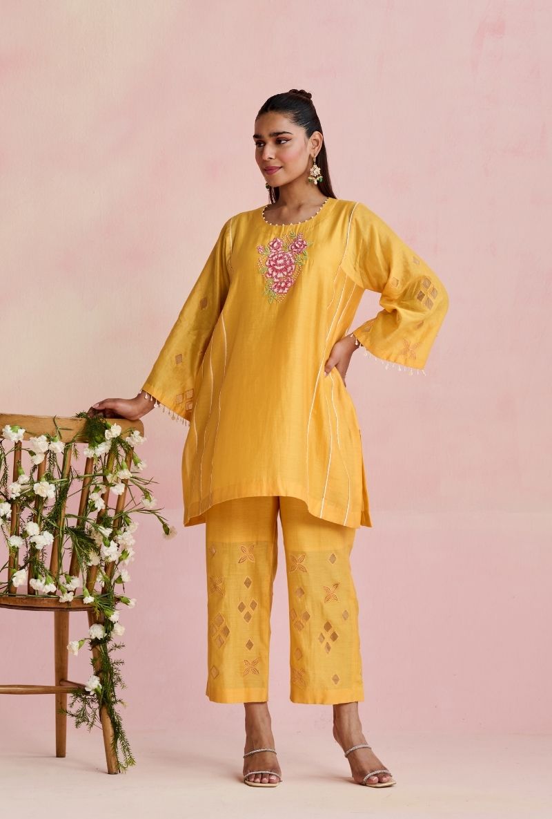 Yellow Motif Yoke Amara Short Kurta Set