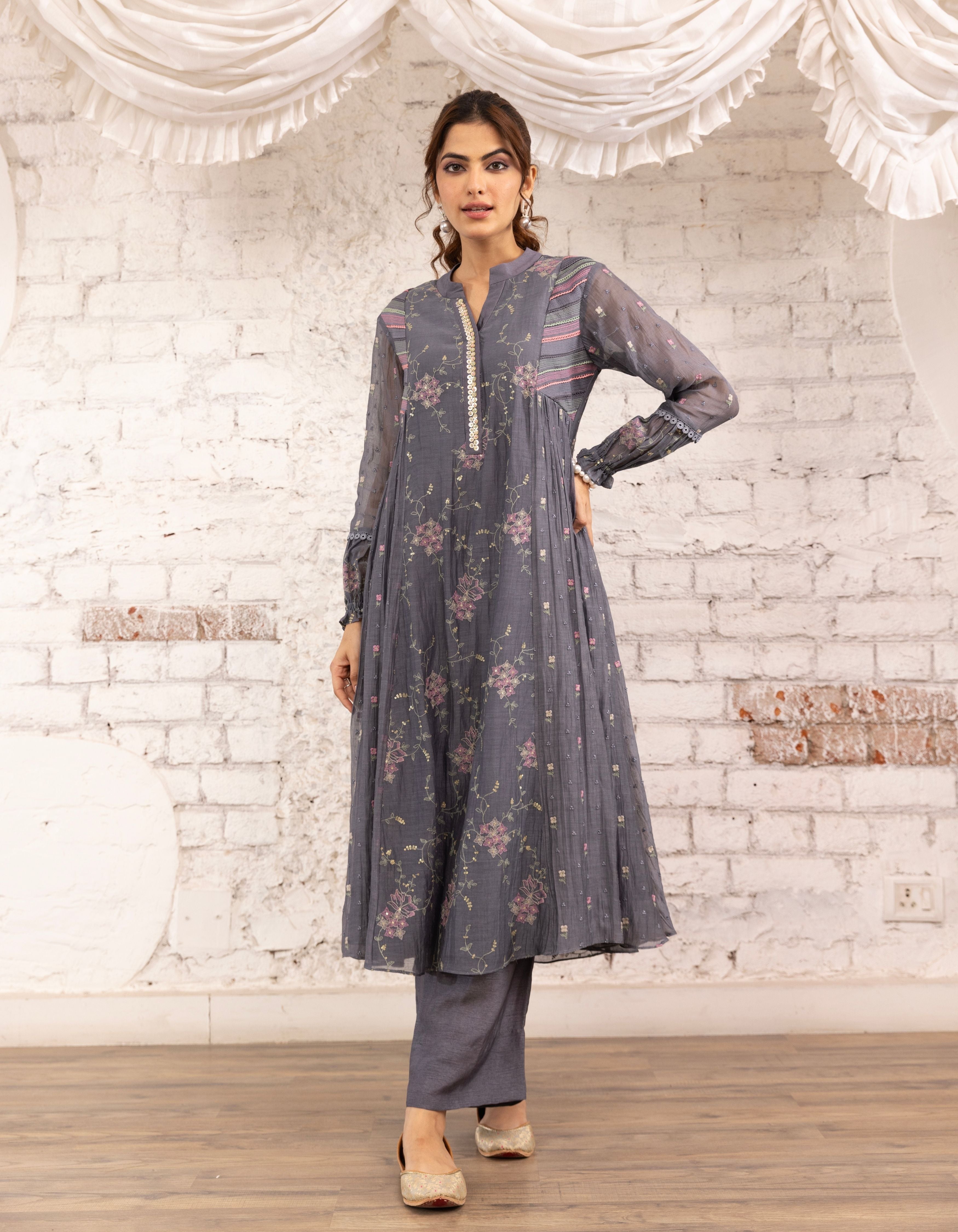 English Blue Side Gather Noor Kurta Set
