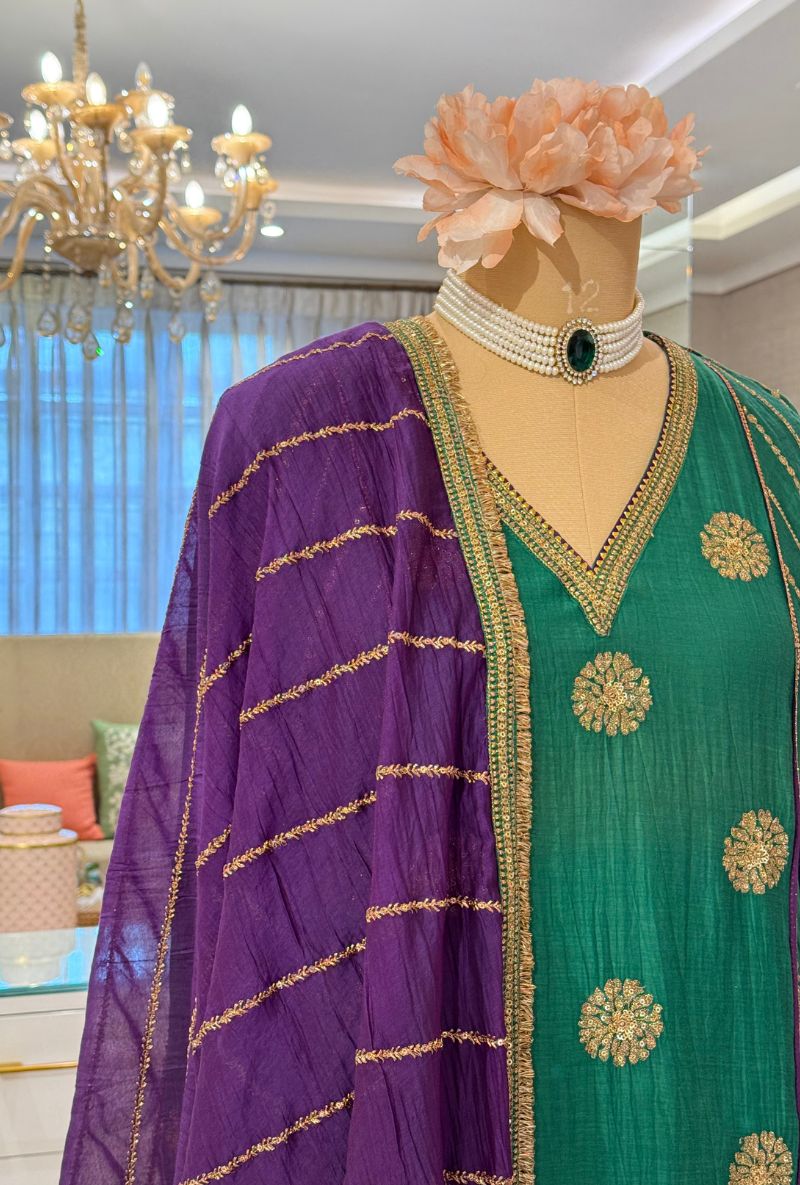 Emerald Green Zari &amp; Sequin Work Kashni Gharara Set