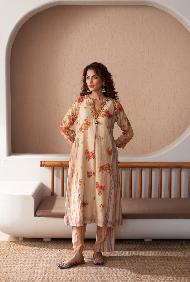 Ivory Embroidered V Neck Bageecha Kurta Set