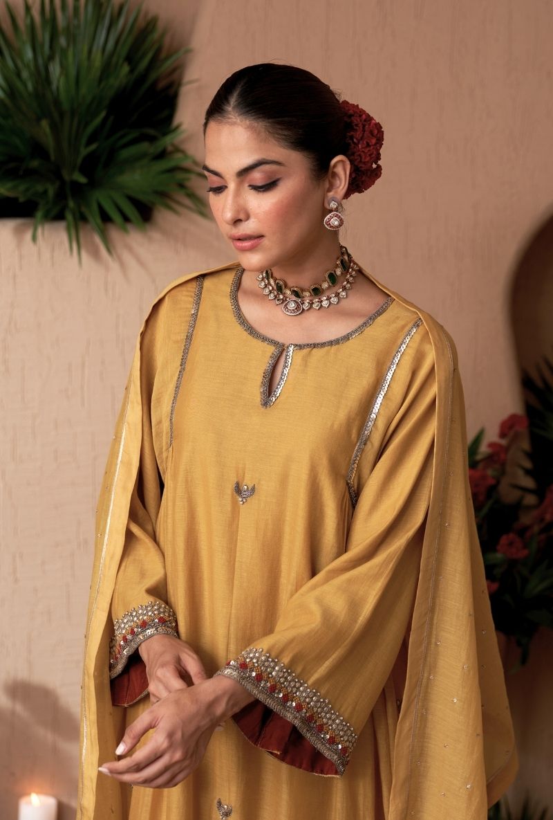 Mustard Square Sleeve Naveli Kurta Set