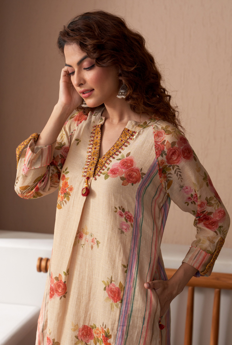Ivory Embroidered V Neck Bageecha Kurta Set