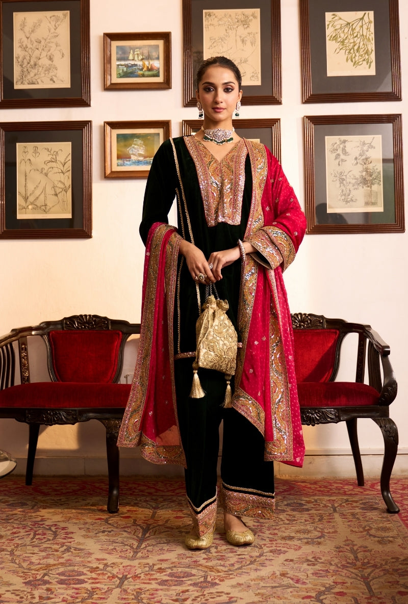 Bottle Green Short Kalidaar Dilbar Farshi Salwar Set