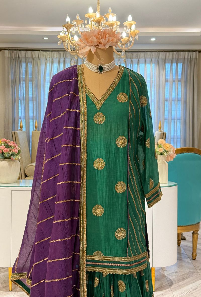 Emerald Green Zari &amp; Sequin Work Kashni Gharara Set