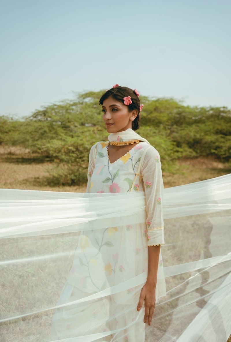 Ivory Floral Motifs Barfi Farshi Salwar Set