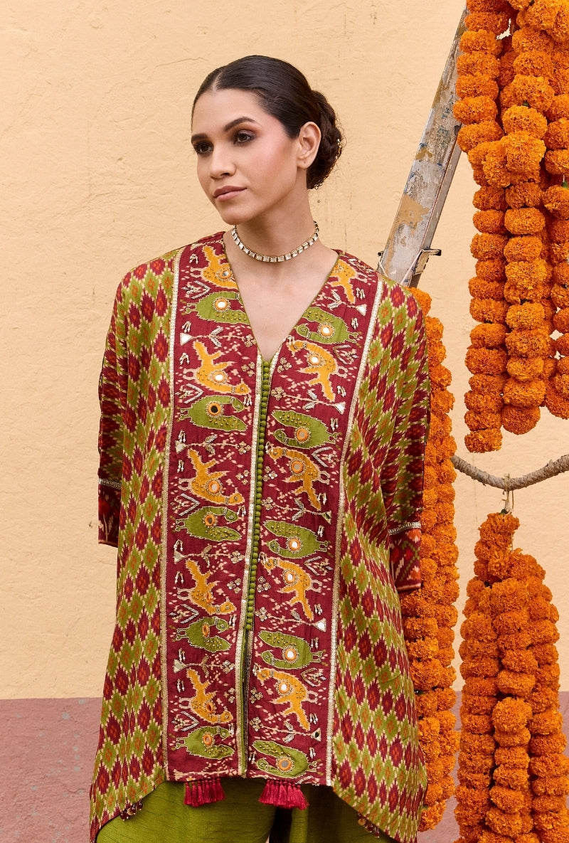 Green Patola Printed Short Oorja  Kaftan Set