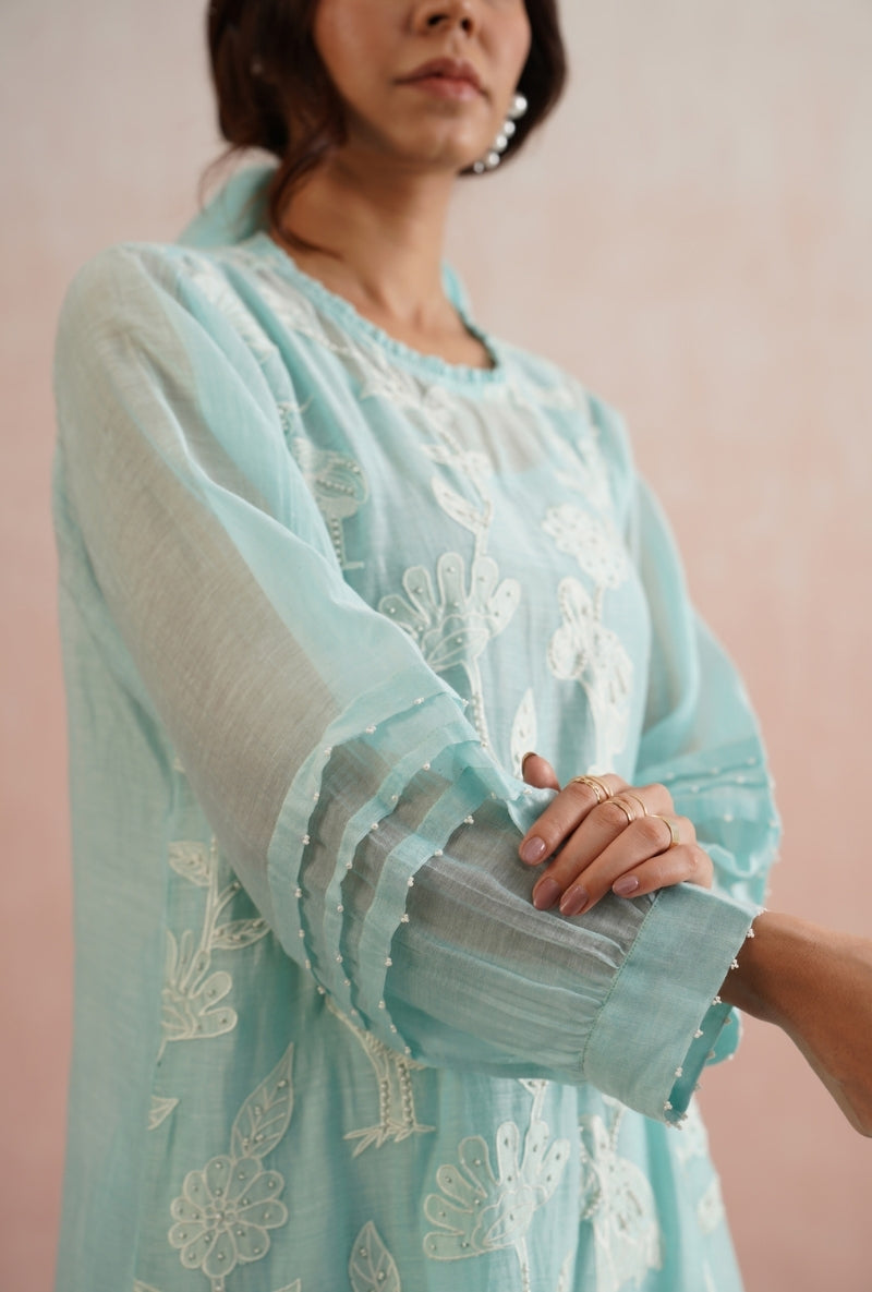 Pale Blue Applique And Pearl Embroidered Prisha Kurta Set