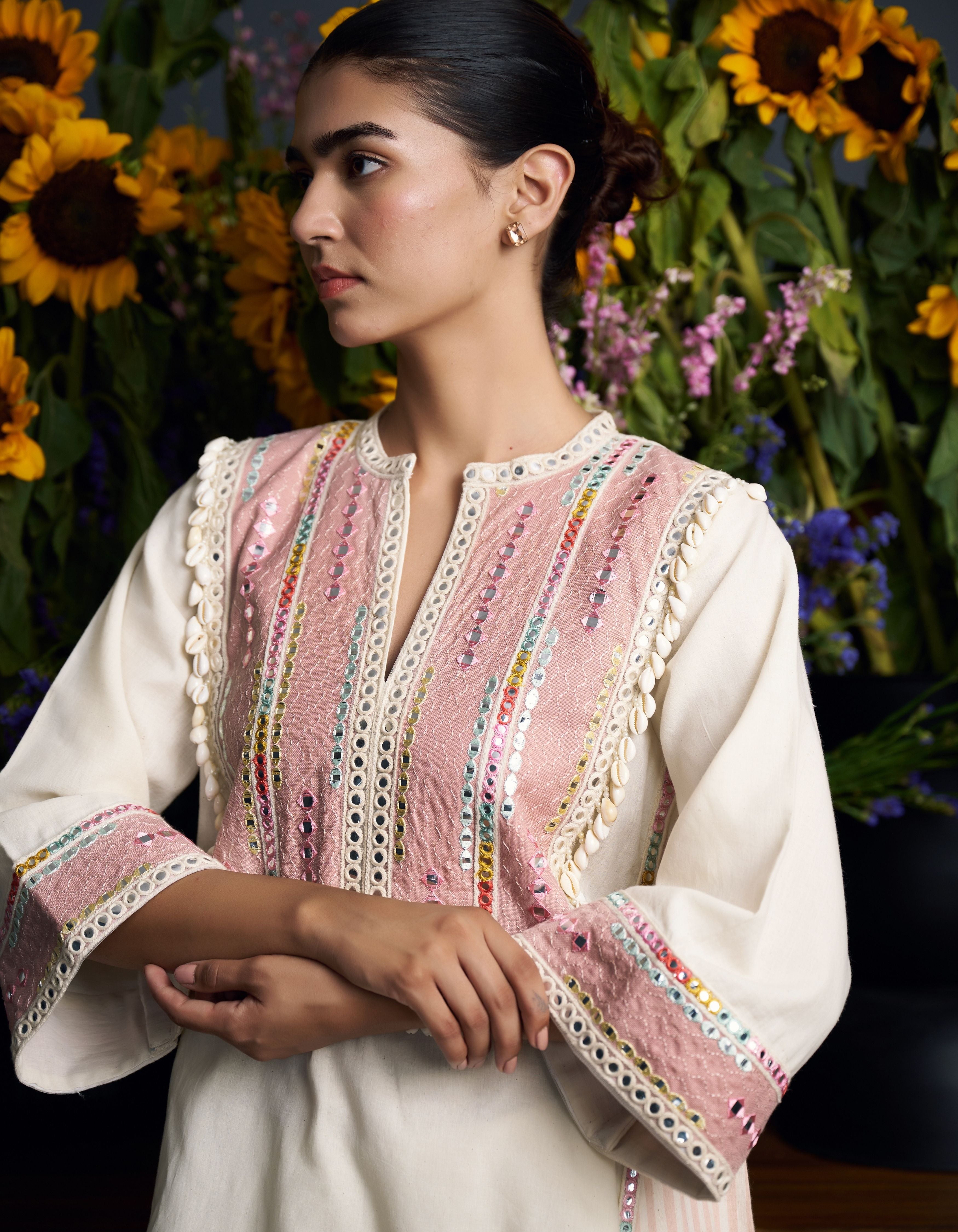 Beige Stripes Yoke With Shells Nartaki Nadia Kurta Set