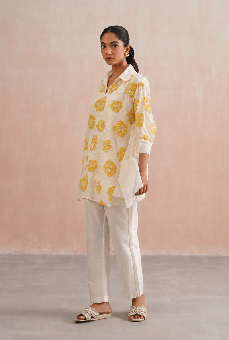 Yellow Applique And Pearl Embroidered Oversized Prisha Co-ord Set