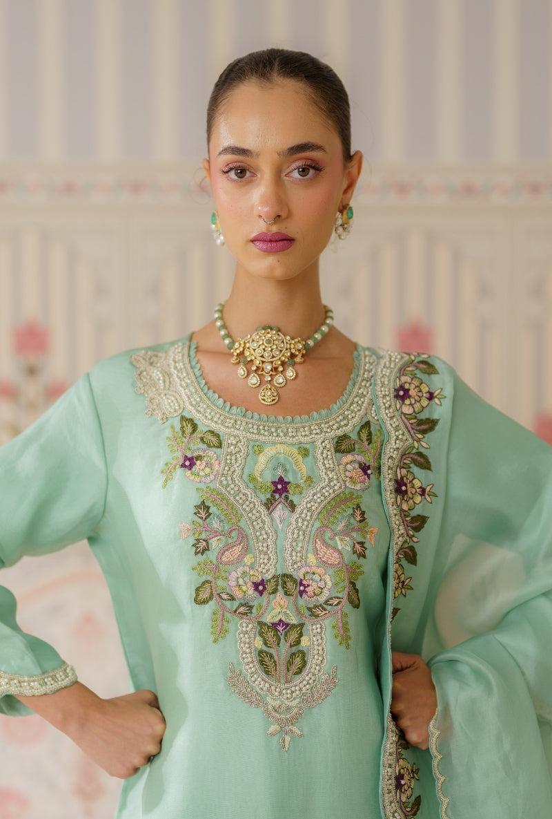 Aqua Pearl and Resham Hand Embroidered Mallika Sharara Set