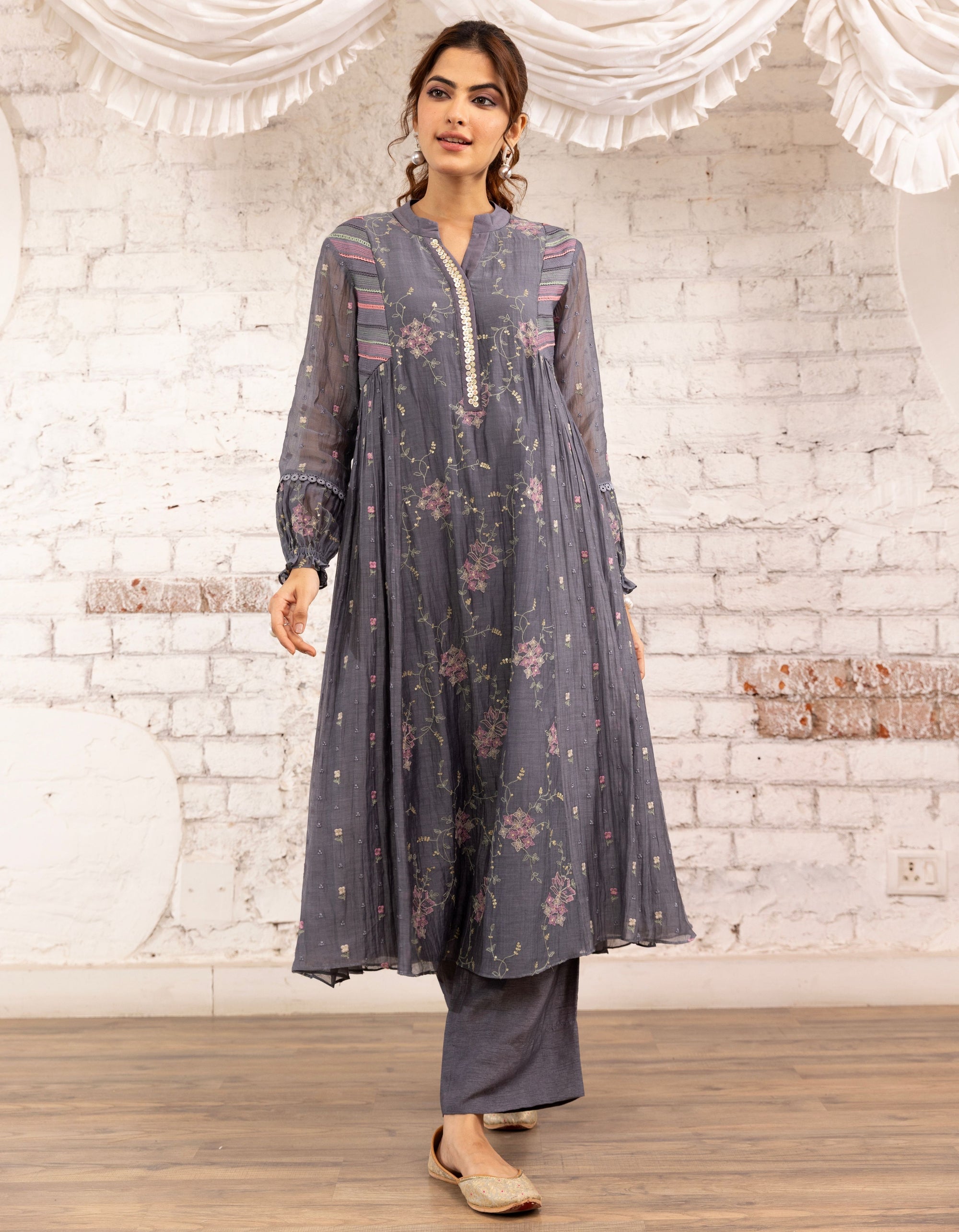 English Blue Side Gather Noor Kurta Set