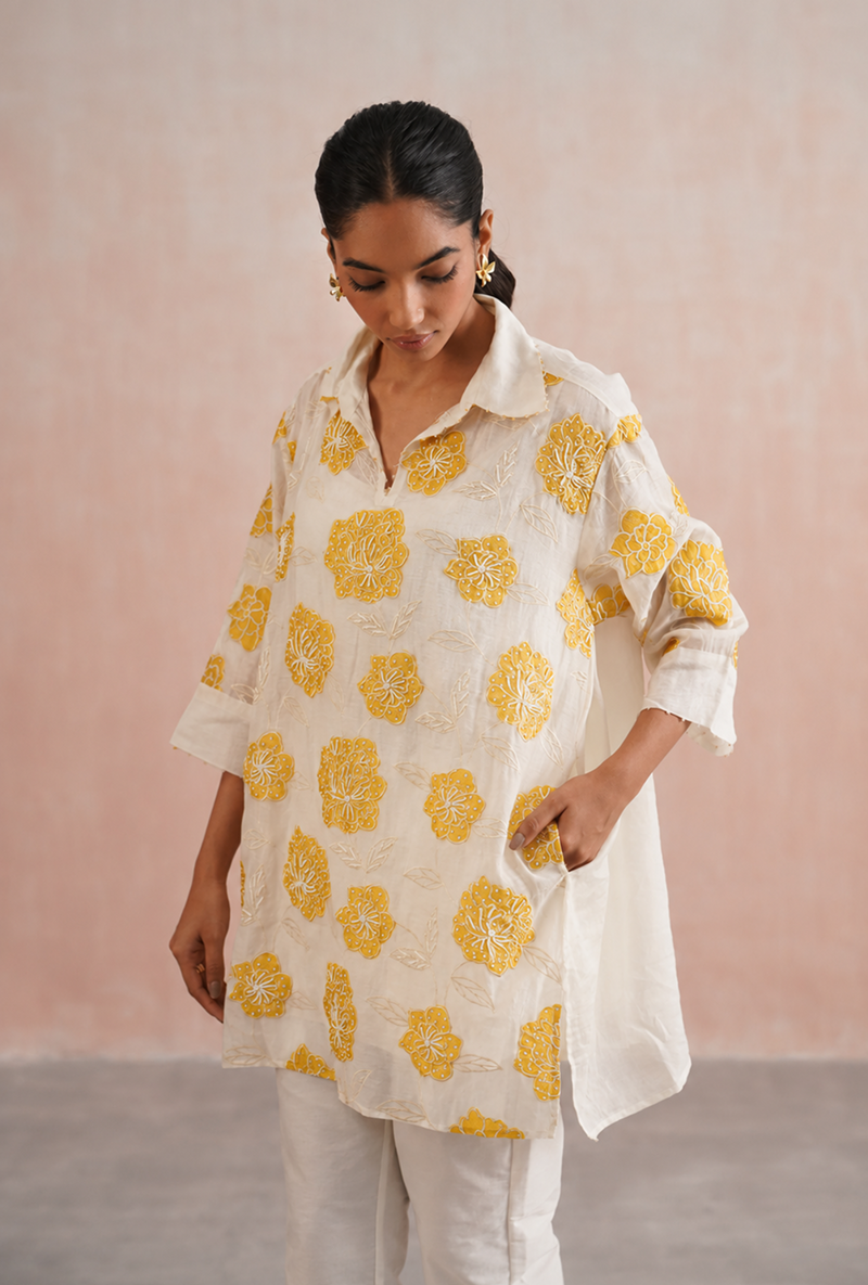 Yellow Applique And Pearl Embroidered Oversized Prisha Co-ord Set