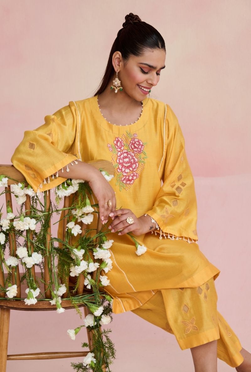 Yellow Motif Yoke Amara Short Kurta Set