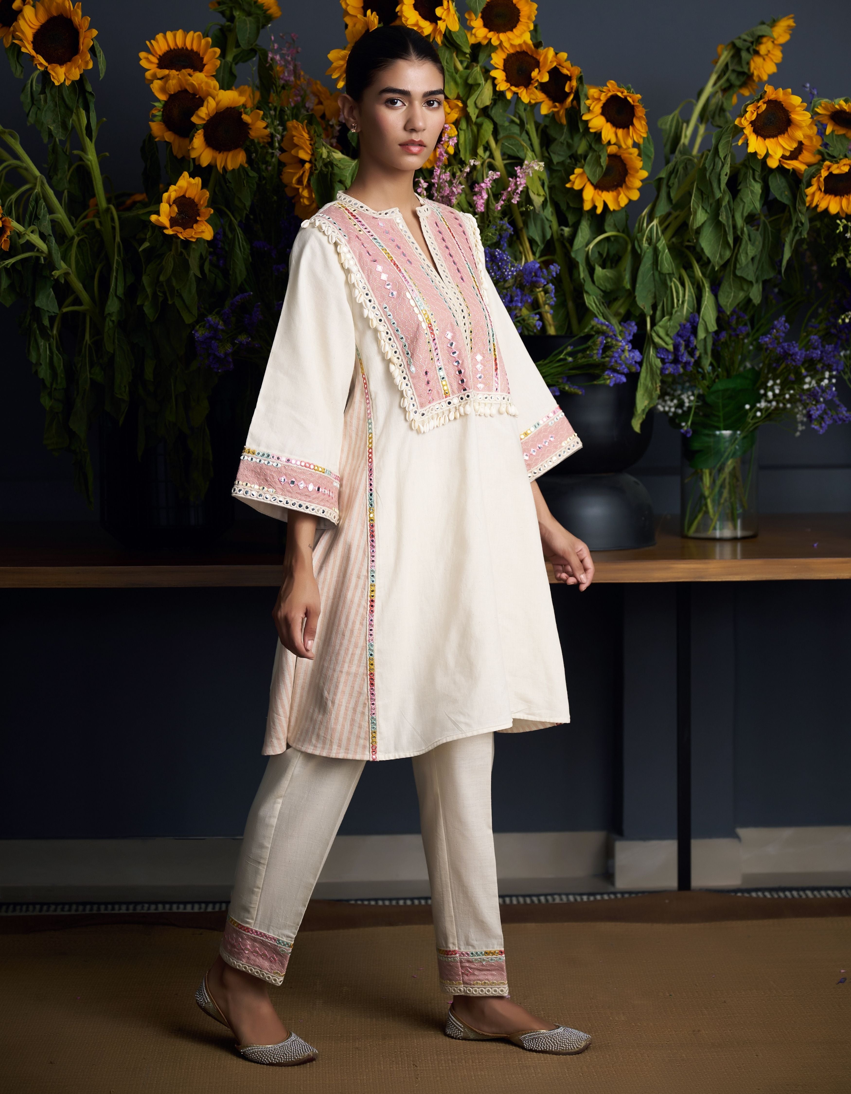 Beige Stripes Yoke With Shells Nartaki Nadia Kurta Set