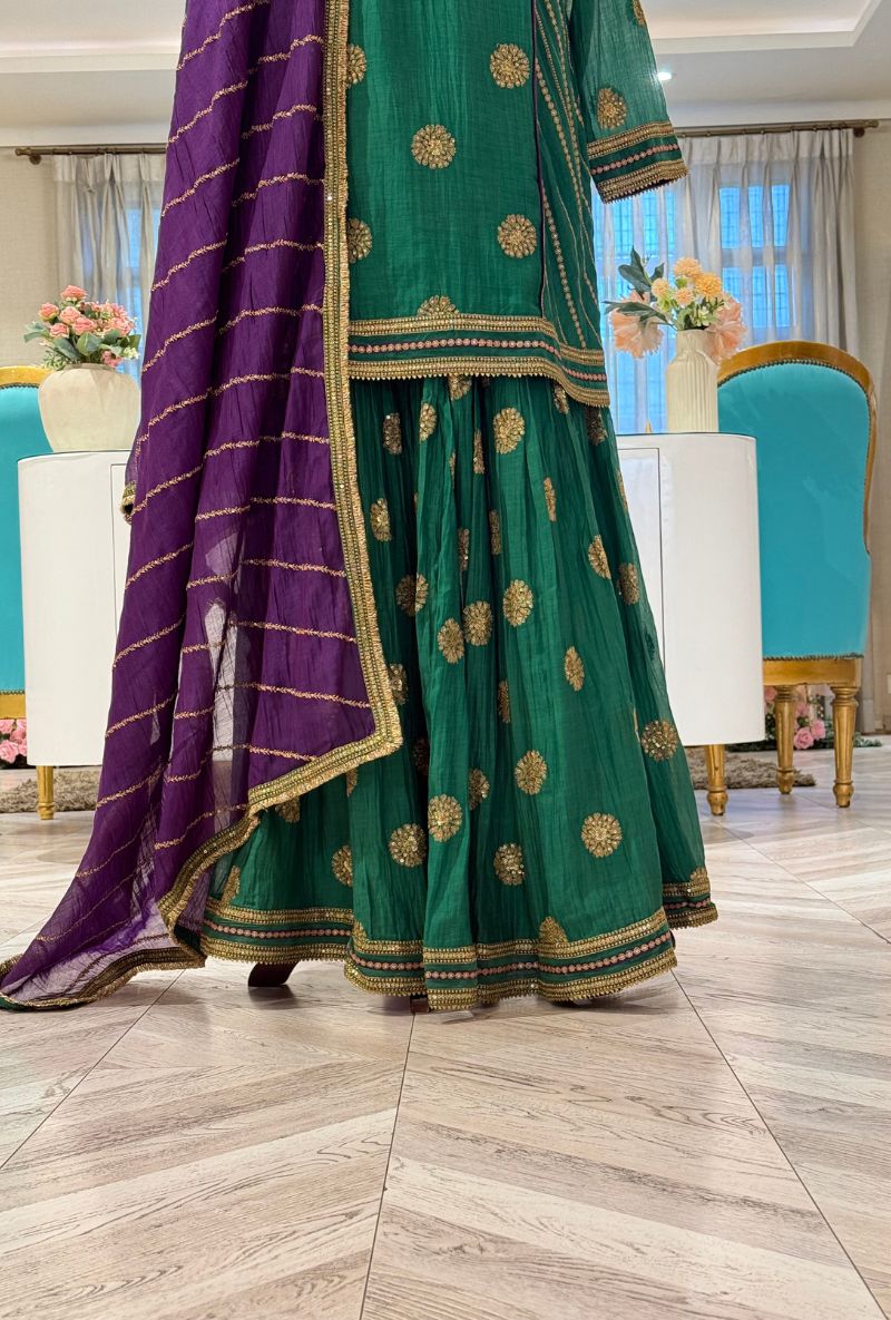 Emerald Green Zari &amp; Sequin Work Kashni Gharara Set