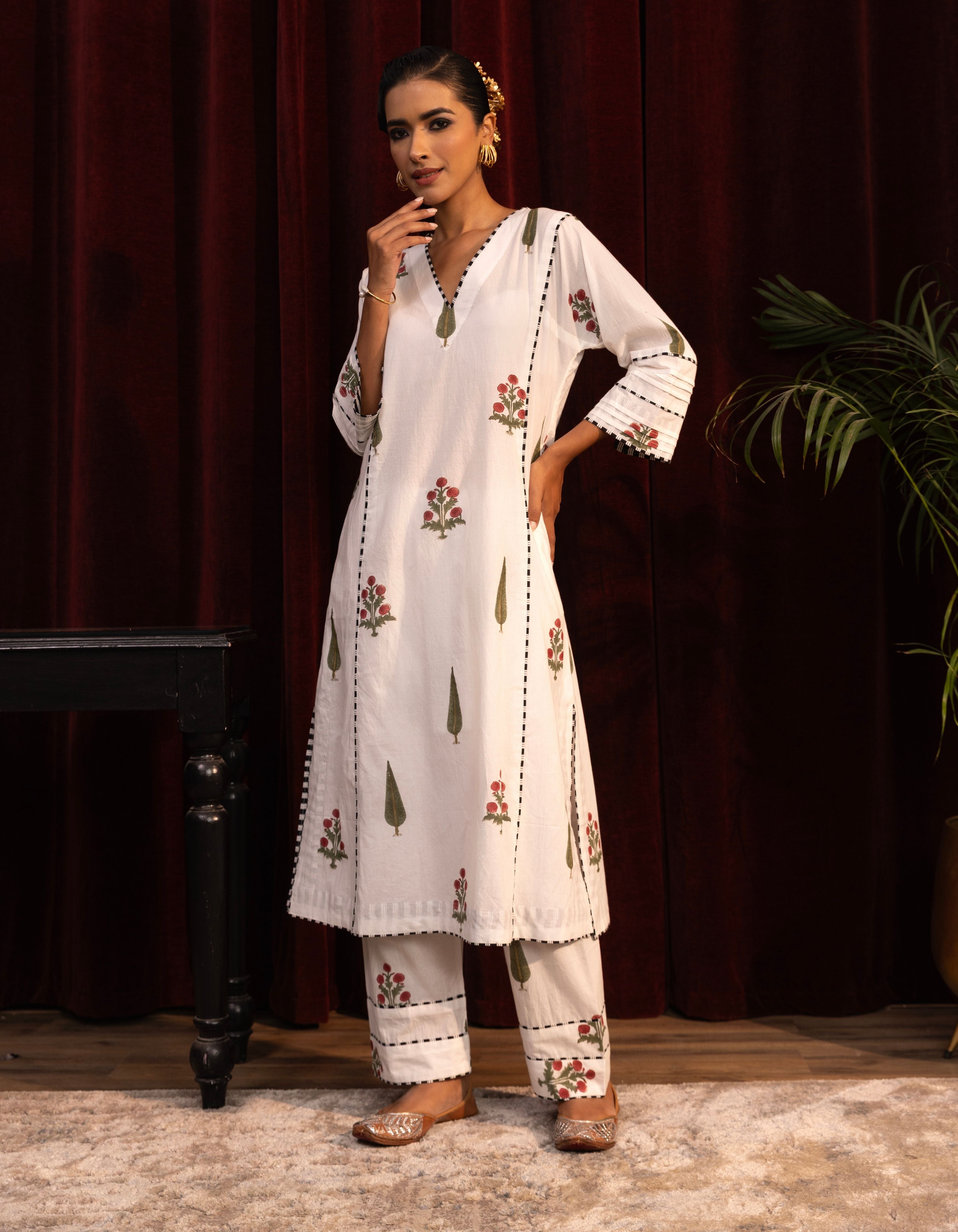 White Cypress Leaf and Poppy Print Mogra Kurta Set