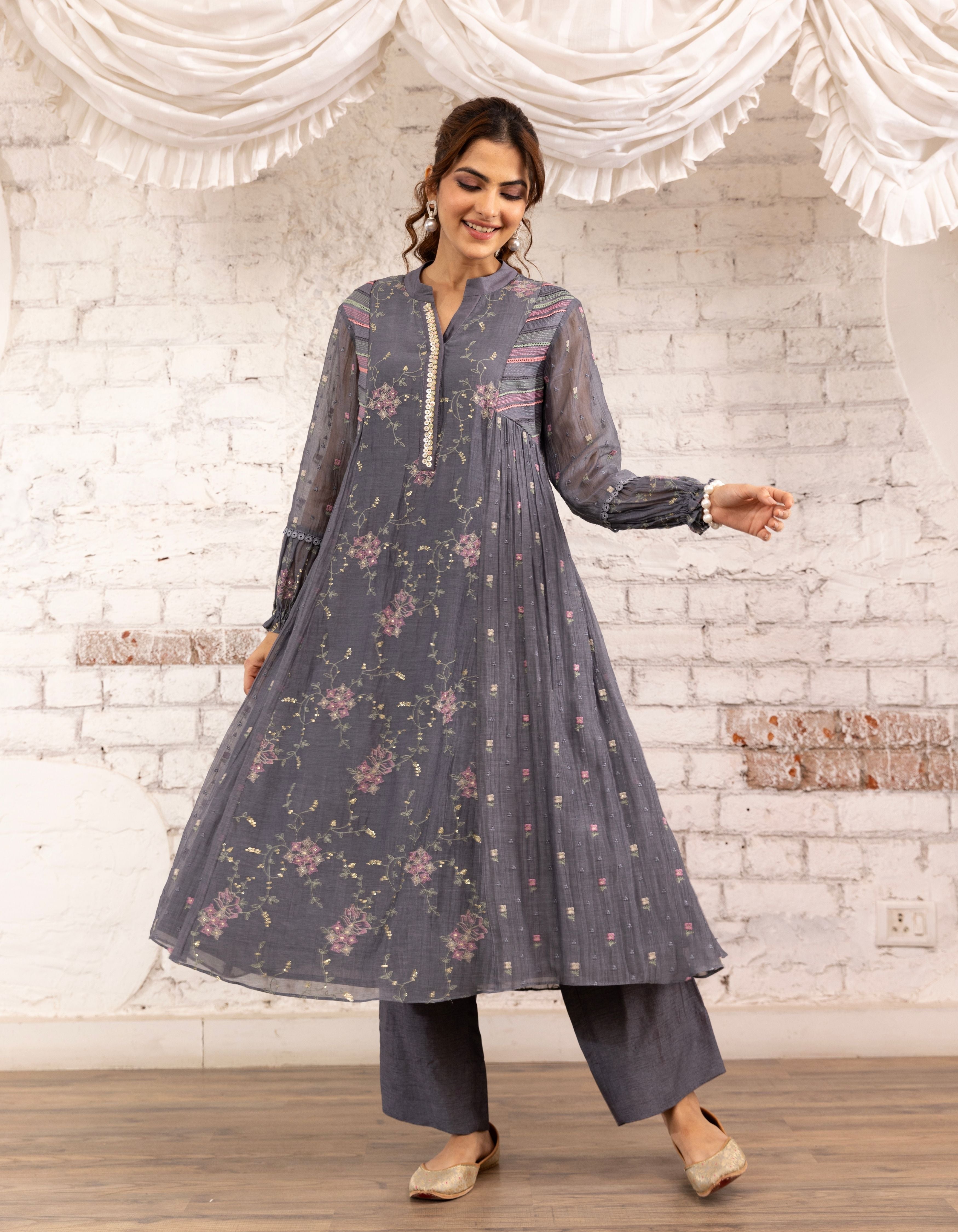 English Blue Side Gather Noor Kurta Set