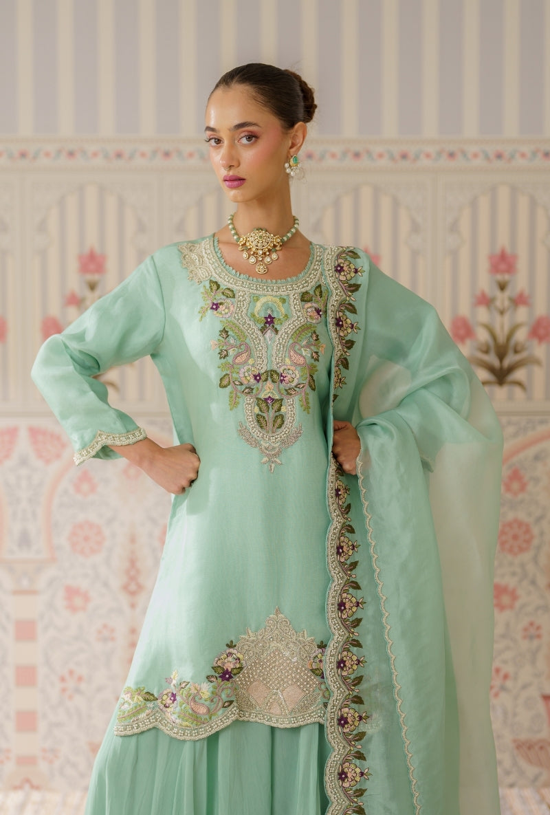 Aqua Pearl and Resham Hand Embroidered Mallika Sharara Set