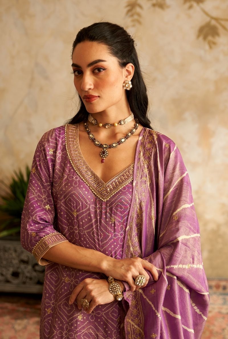 Purple Bandhini Rumi Gharara Set