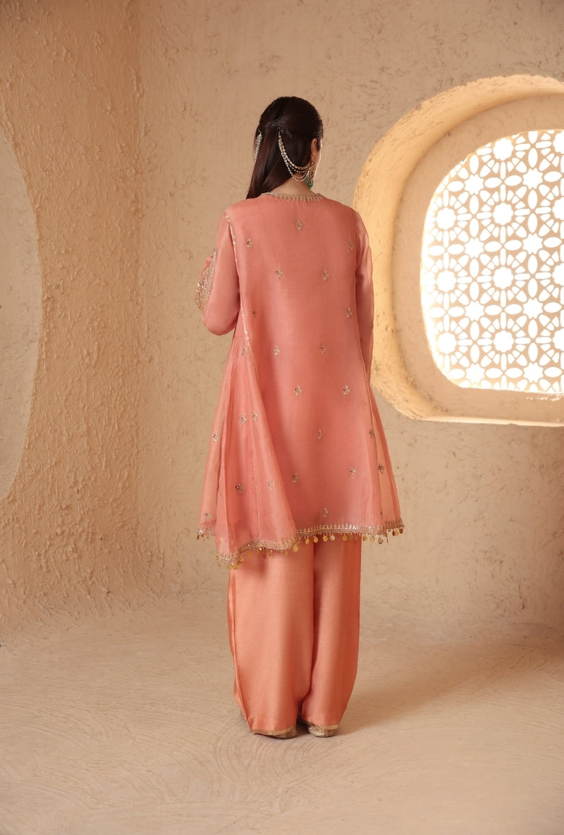 Peach Short Pheran Nihira Kurta Set