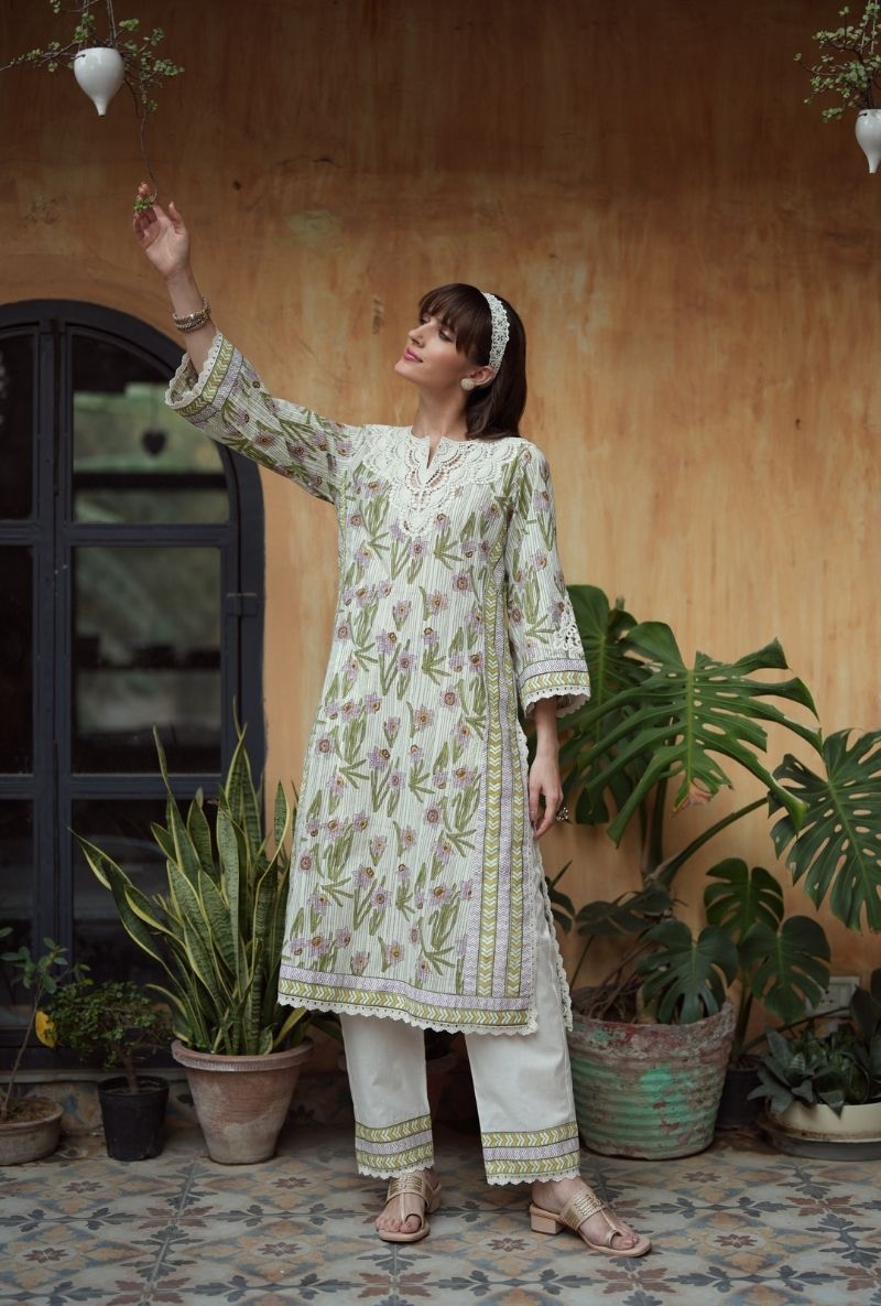 Ivory Handblock Print Straight Raisa Kurta Set