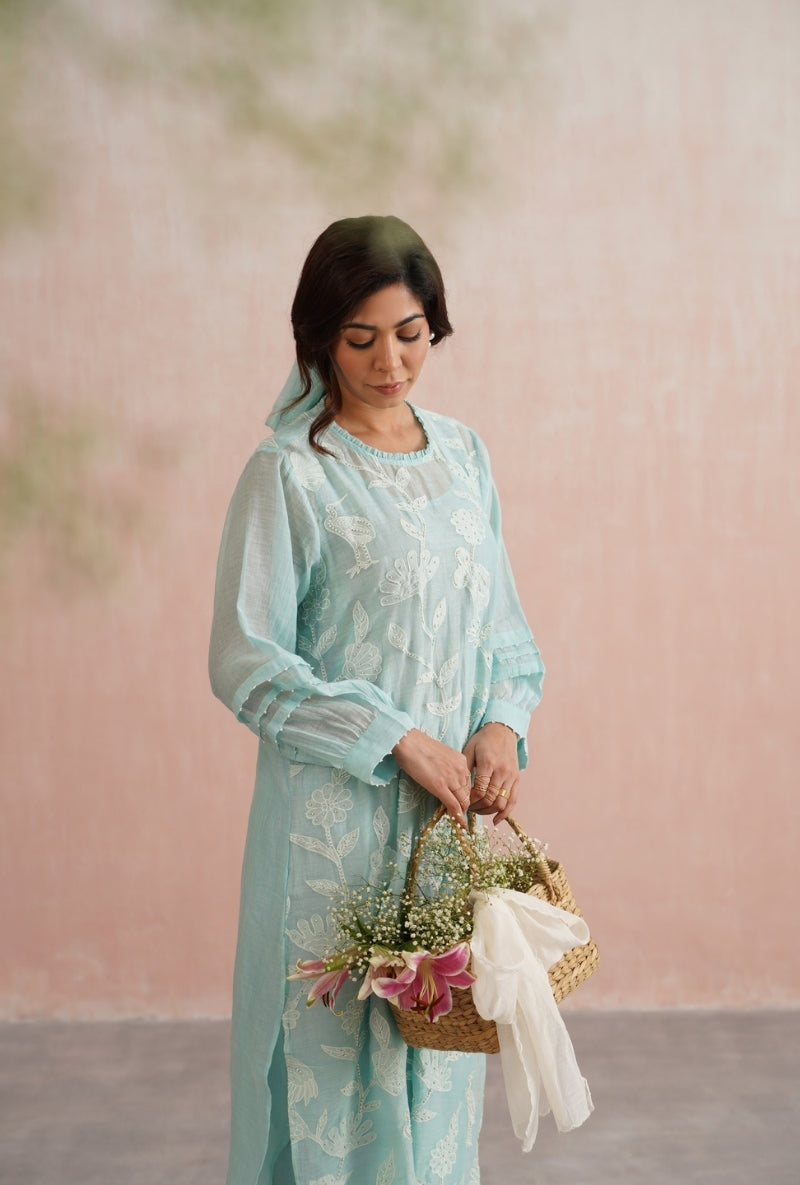 Pale Blue Applique And Pearl Embroidered Prisha Kurta Set