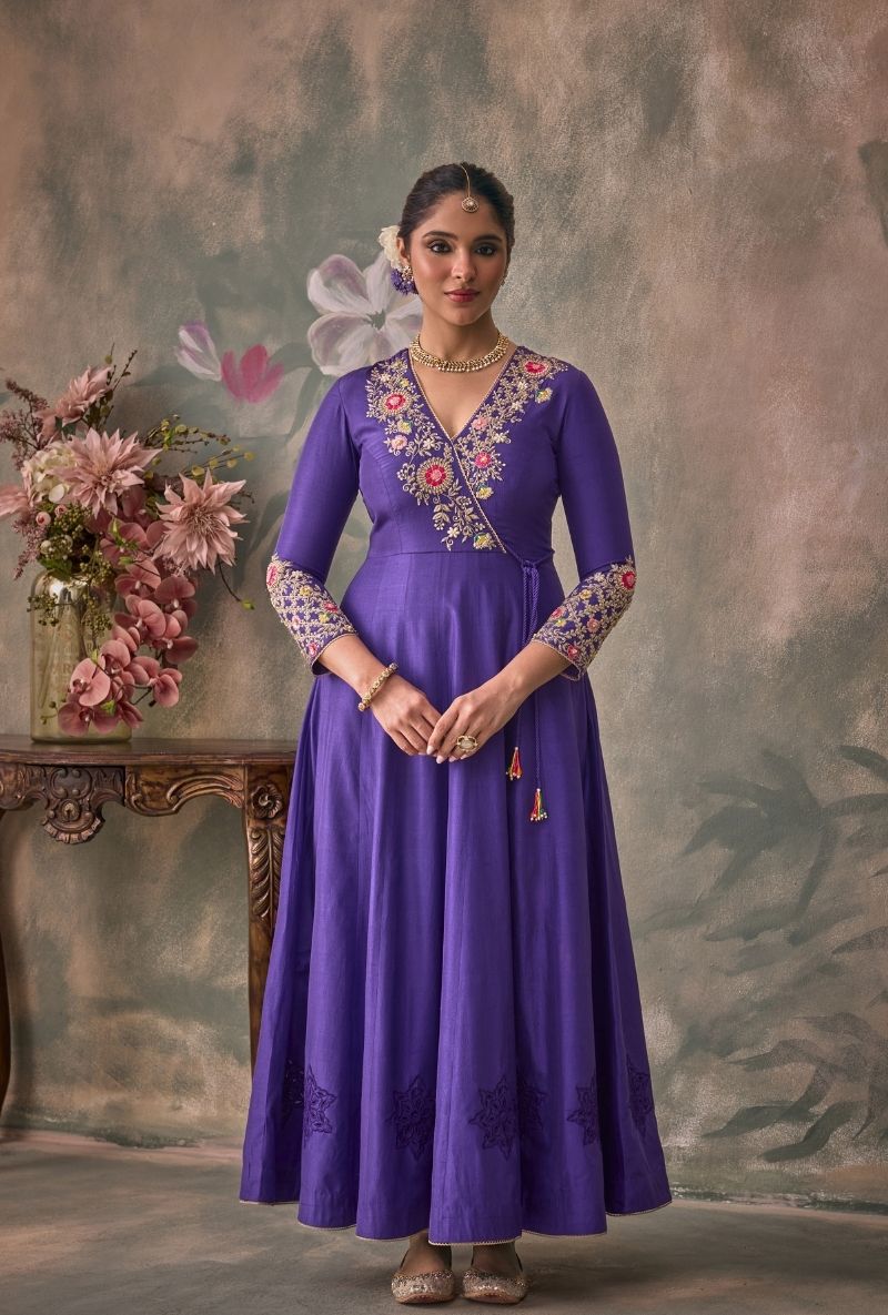 Purple Overlap Embroidered Yoke Jalsa Anarkali Set