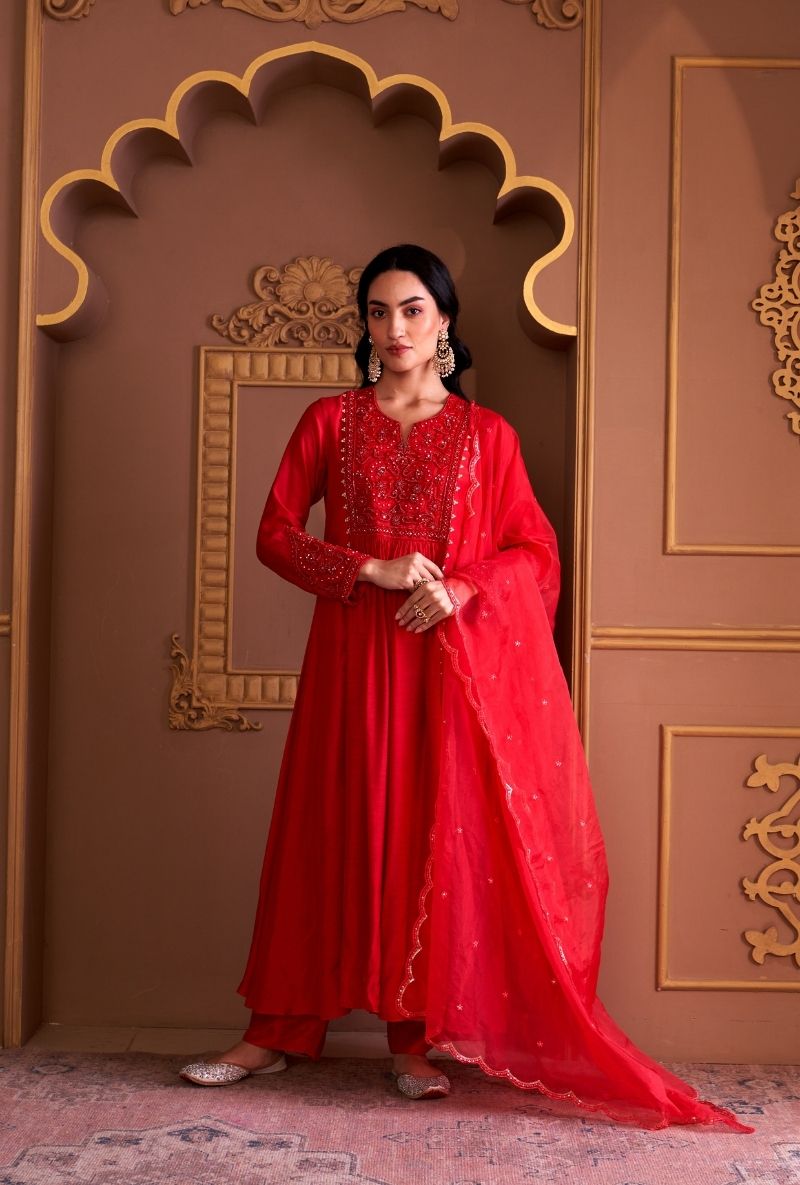 Red Bead Yoke Rasia Kurta Set