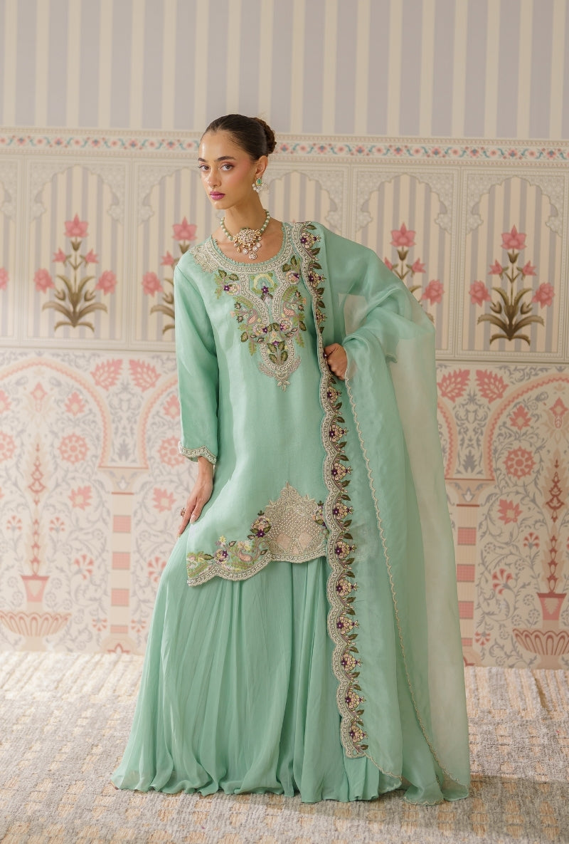 Aqua Pearl and Resham Hand Embroidered Mallika Sharara Set
