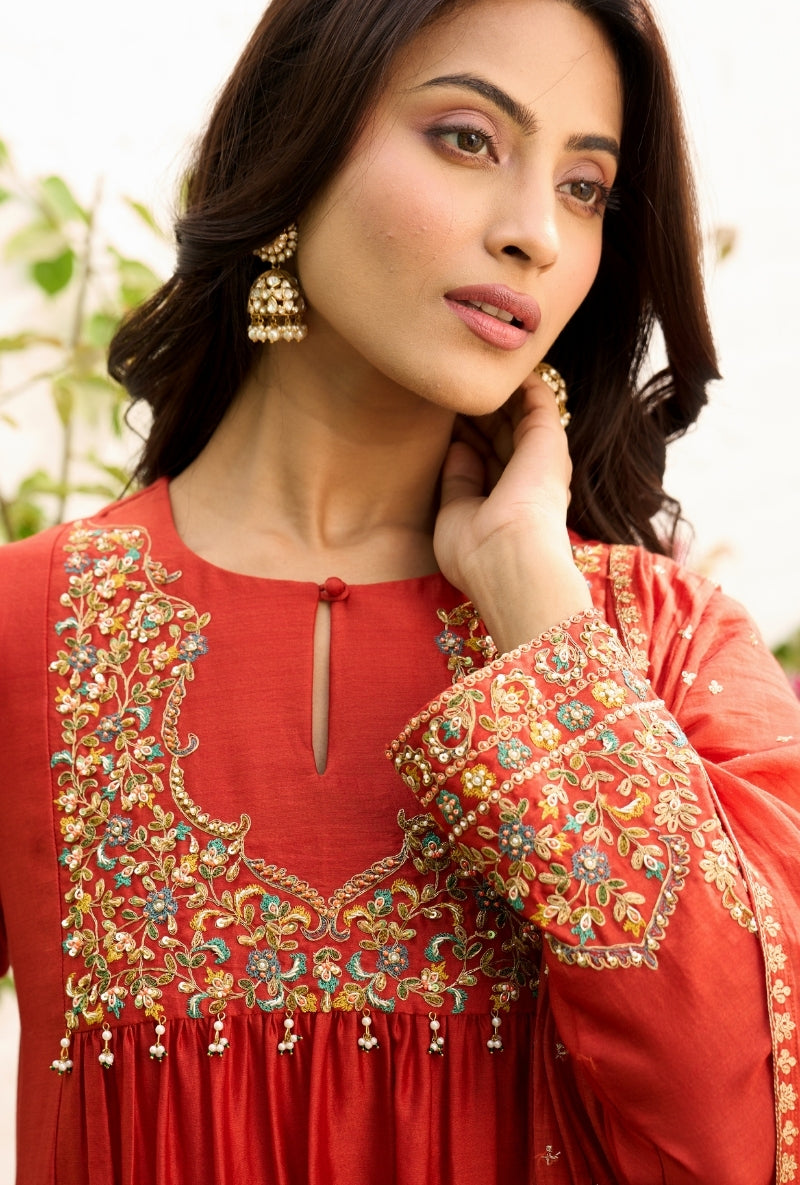 Red Front Gathers Sabah Anarkali Set – Misri By Meghna Nayyar