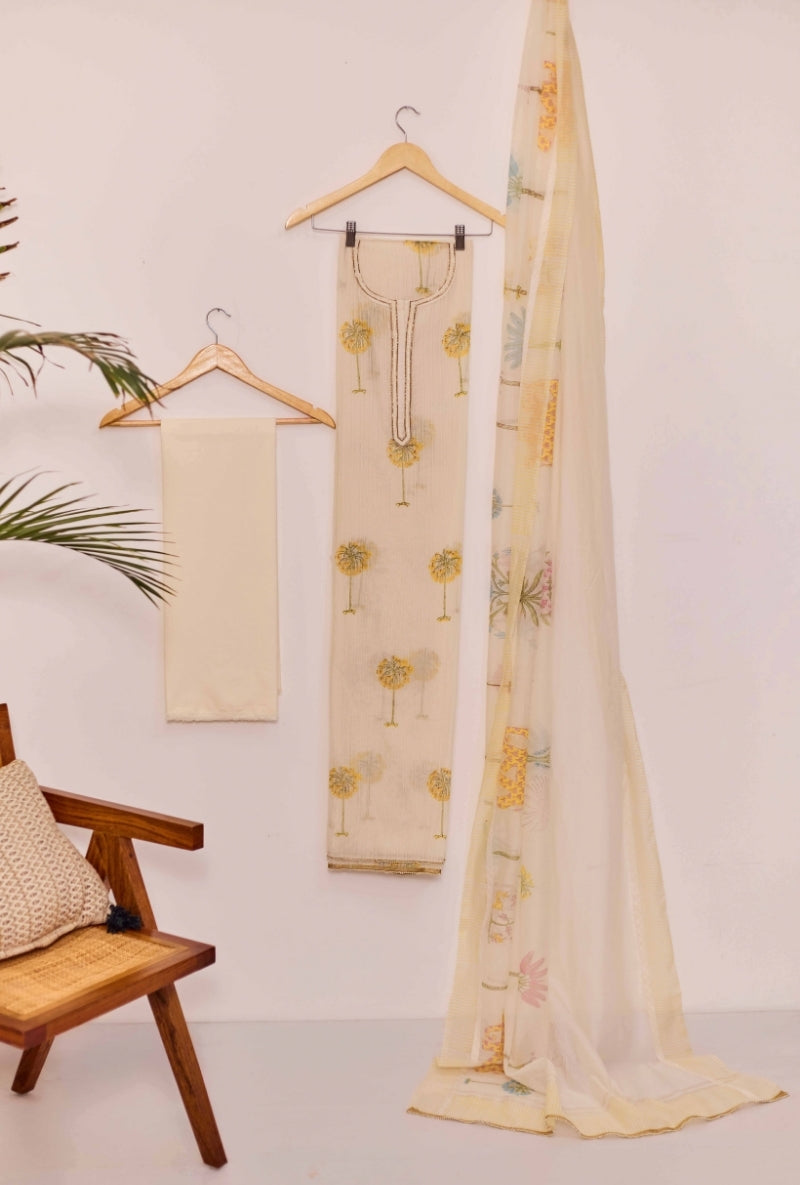 All Over Block Print Mul Chanderi Unstitched Suit Set