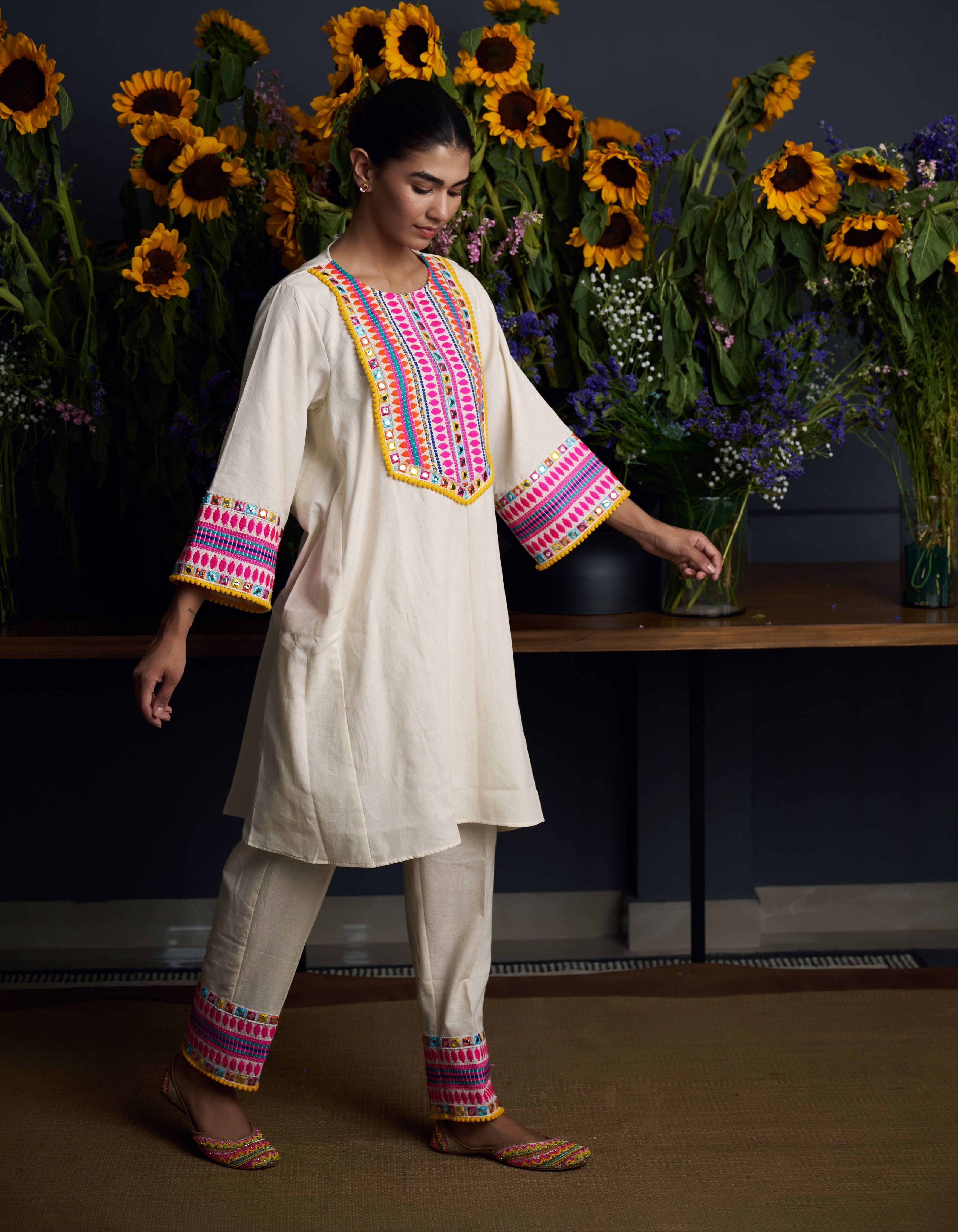 Beige Multi Colour Neon Yoke Leher Nadia Kurta Set