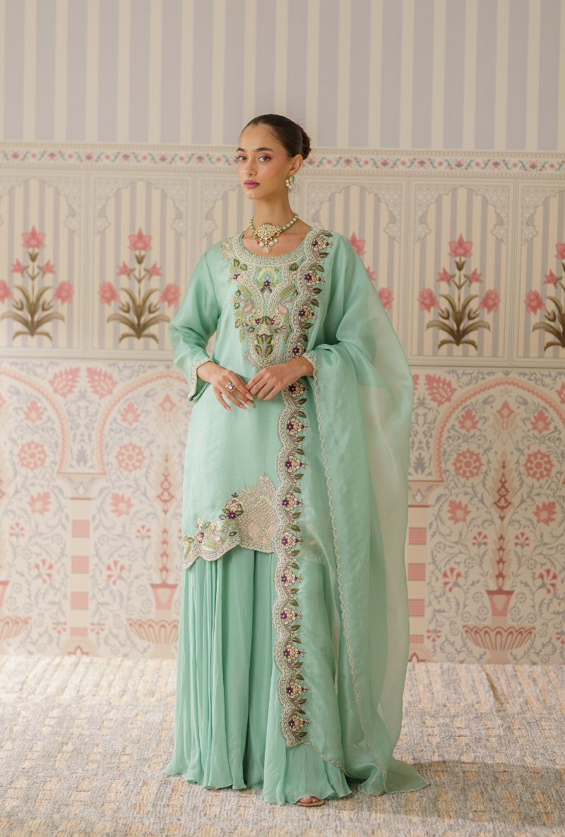 Aqua Pearl and Resham Hand Embroidered Mallika Sharara Set