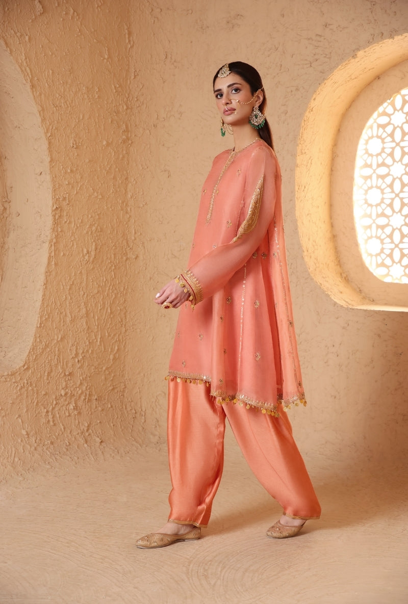 Peach Short Pheran Nihira Kurta Set