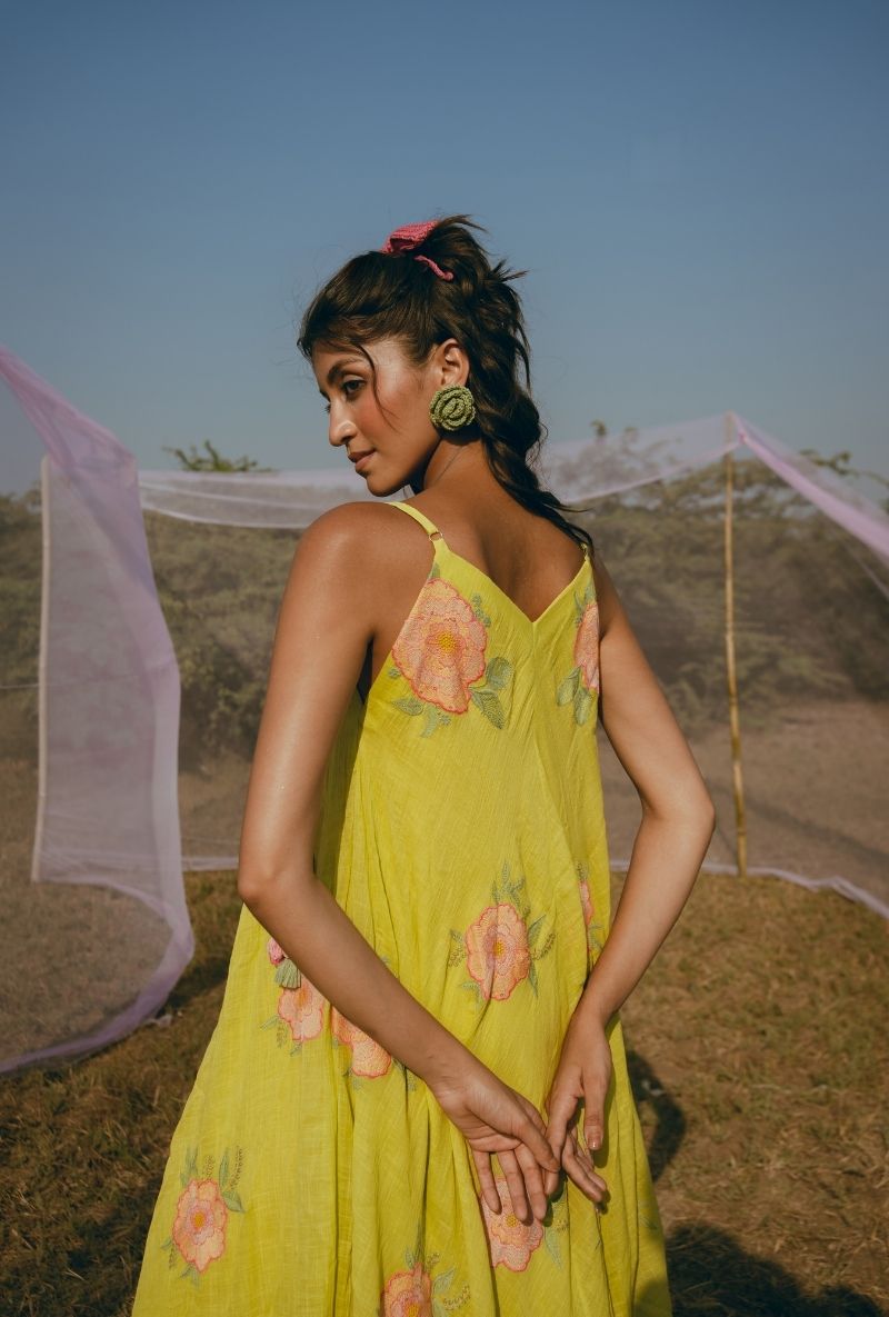 Yellow Floral Motif Sleeveless A-Line Barfi Dress