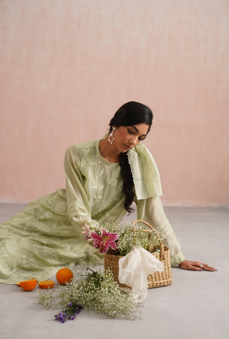 Sage Green Applique and Pearl Embroidered Prisha Kurta Set