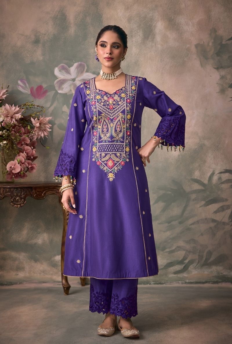 Purple Embroidered Heavy Yoke Jalsa Kurta Set