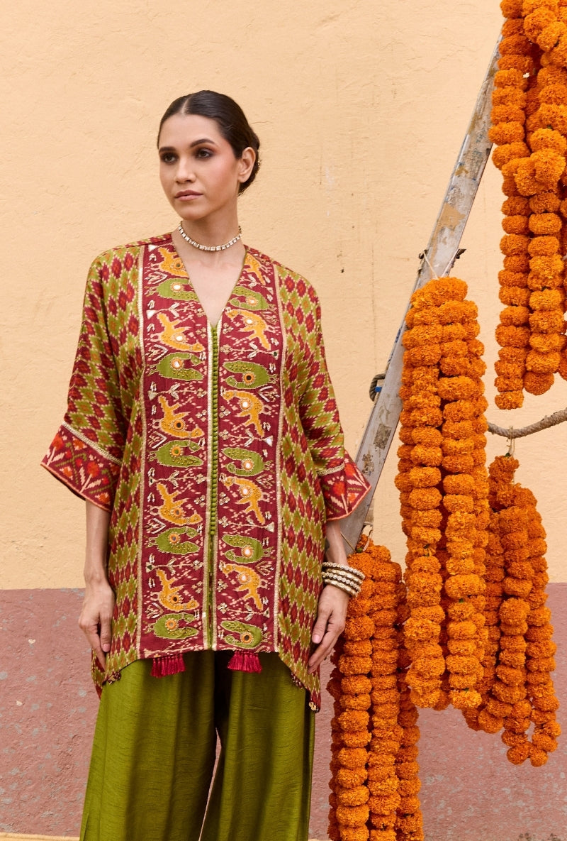 Green Patola Printed Short Oorja  Kaftan Set