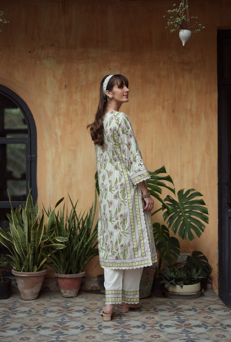 Ivory Handblock Print Straight Raisa Kurta Set