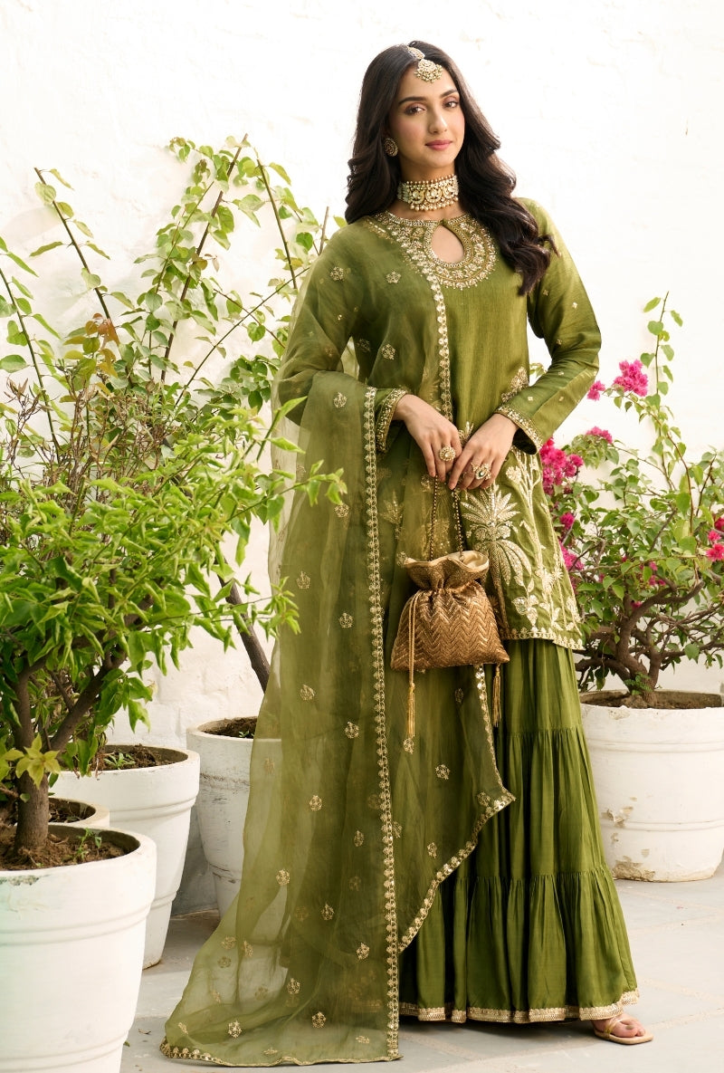 Green Palm Tree Zardosi Embroidered Sabah Sharara Set