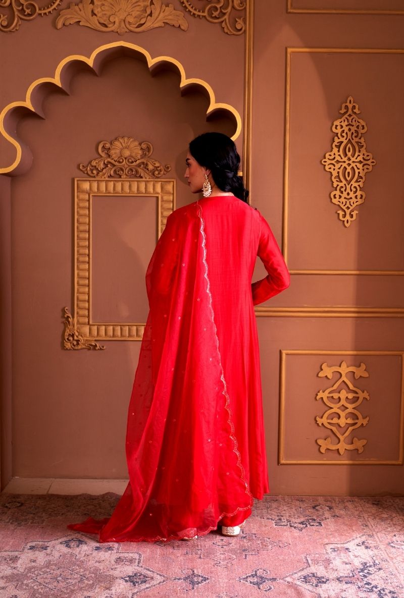 Red Bead Yoke Rasia Kurta Set