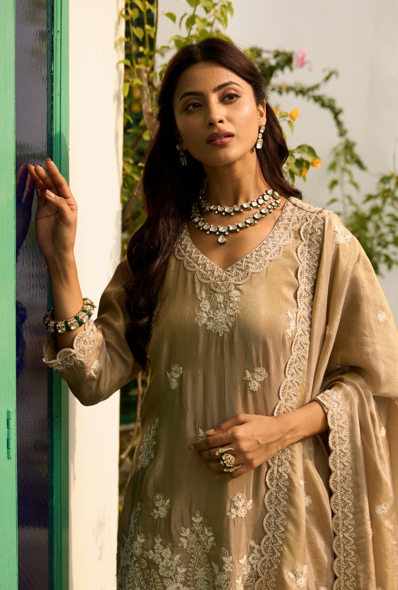 Mouse Beige Pearl Embroidery Nadira Sharara Set
