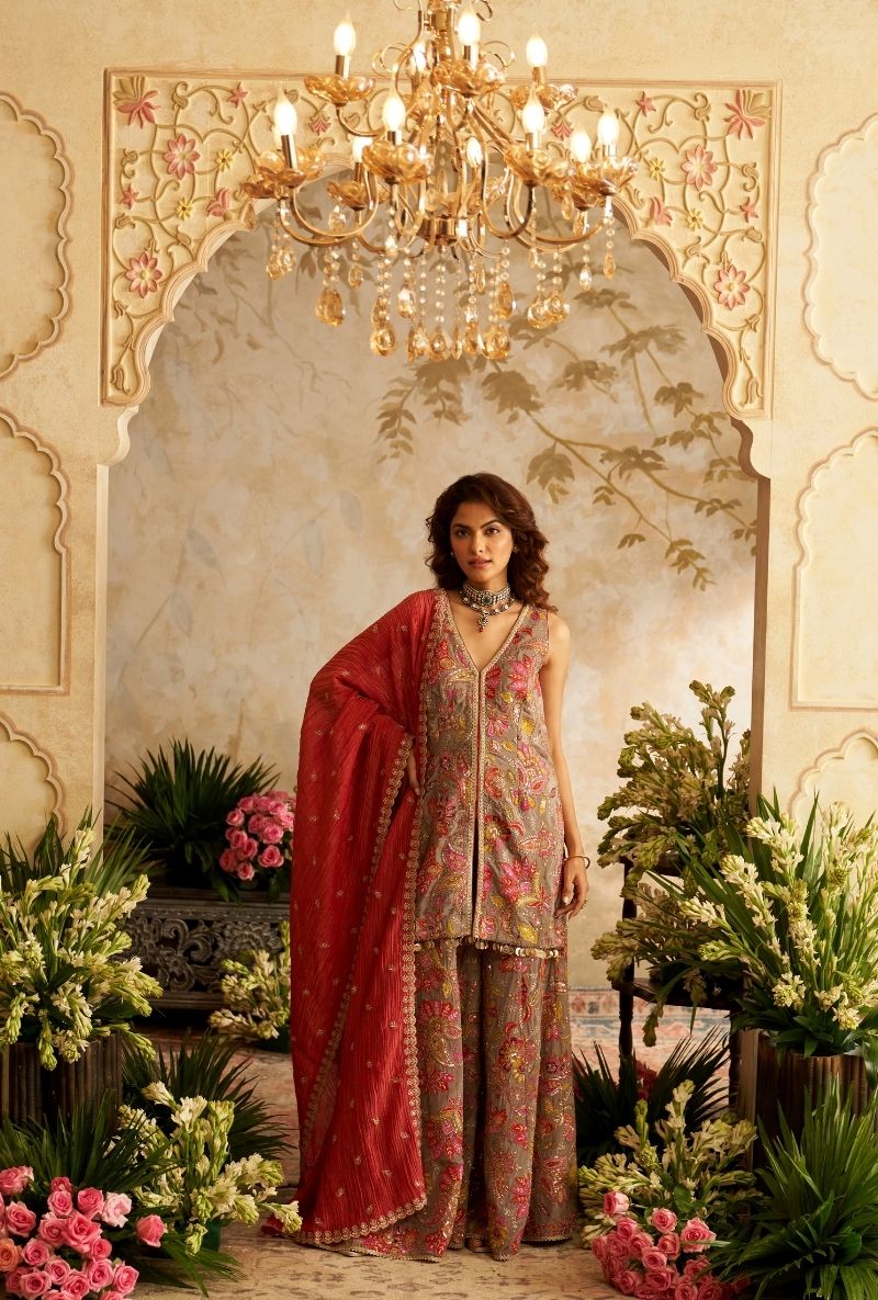 Grey All Over Printed Rumi Gharara Set