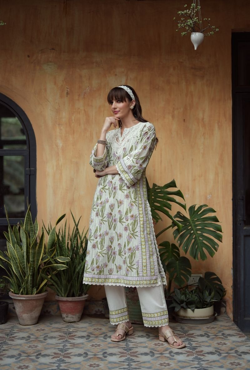 Ivory Handblock Print Straight Raisa Kurta Set