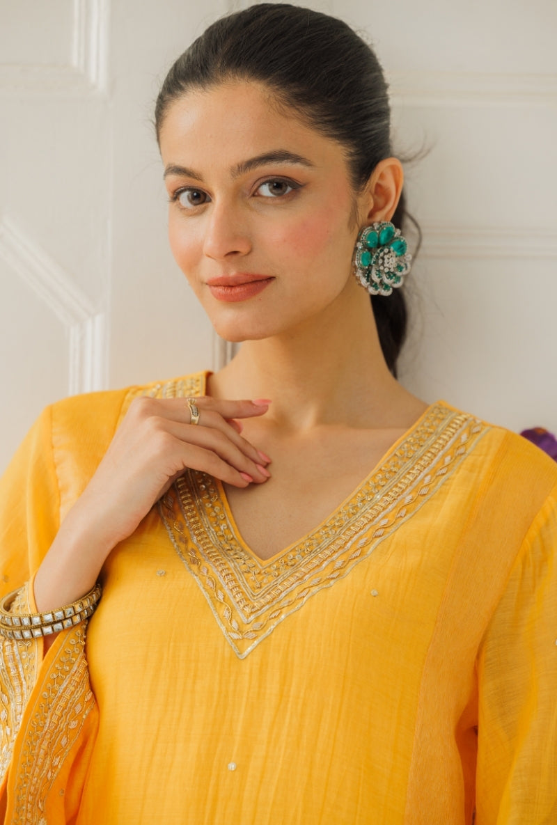 Yellow Pitta Work Neck Baani Gharara Set