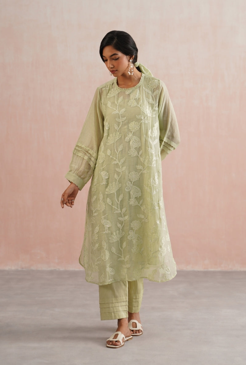 Sage Green Applique and Pearl Embroidered Prisha Kurta Set