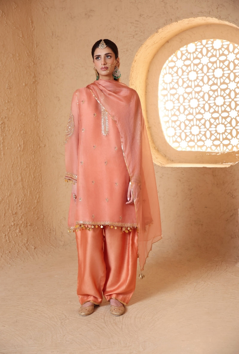 Peach Short Pheran Nihira Kurta Set